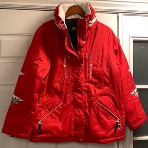 Bogner red jacket with sled dog team embroidery